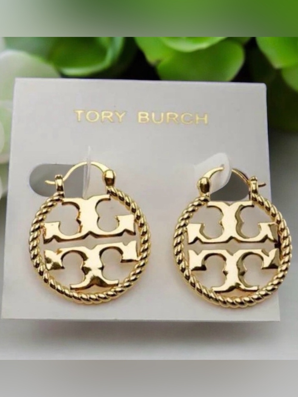 New Auth Tory Burch Gold Double T Logo Rope Earrings in Gold w/ TB Earring Card